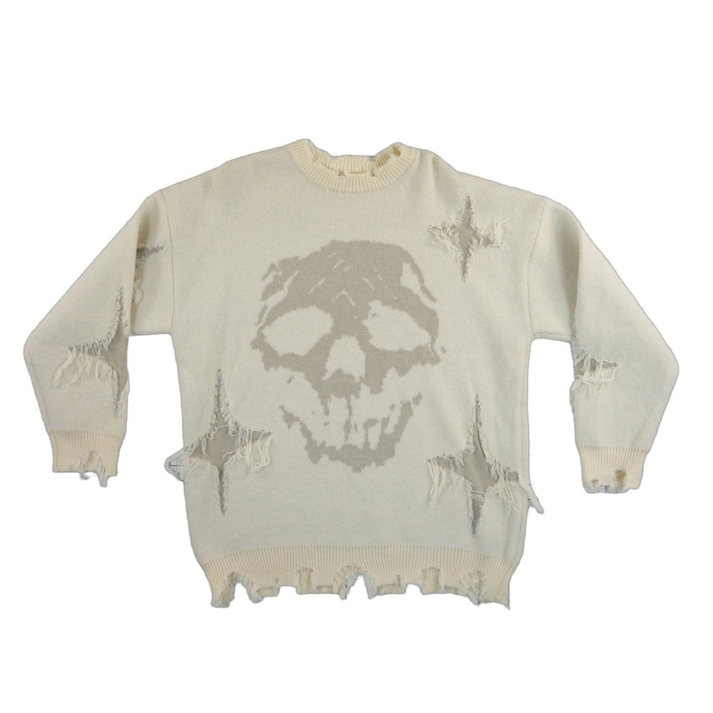 Distressed Skull Cream Sweater Women's Size XL Sweater Oversized Grunge Punk